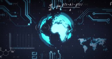 Devre izleri, harita silueti ve matematik denklemleriyle dijital ızgarada parlayan dönen bir cyan küre. Gelecek, teknoloji, veri, görselleştirme, dijital, bilim, yenilik