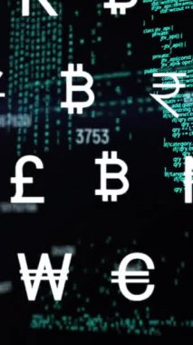 Animation of multiple currency symbols and changing numbers over data processing on black background. Global economy and business interface technology concept