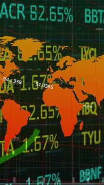 Animation of financial data processing over world map. Global business, finances, computing and data processing concept digitally generated video.