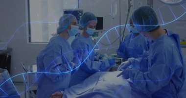 Cerrahi ekip başlarını sallıyor ve DNA animasyonuyla ameliyathanedeki hastaya kesik atmaya başlıyor. Tıbbi, takım çalışması, yenilik, sağlık, kesinlik, işbirliği, teknoloji