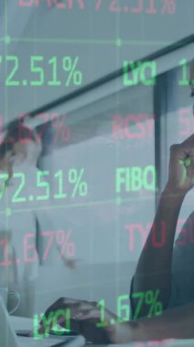 Animation of financial data processing over african american businesswoman in office. Global business, finances, computing and data processing concept digitally generated video.