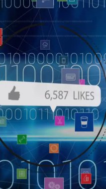 Sevdikleri ve numaraları olan konuşma baloncuklarının animasyonu, mavi üzerine dijital simgeler. küresel teknoloji, bağlantılar ve dijital arayüz konsepti dijital olarak oluşturulmuş video.