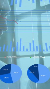 Grafiklerin animasyonu, çemberlerin yüklenmesi, raporları tartışan Kafkasyalı iş arkadaşları üzerinden numaraların değiştirilmesi. Dijital bileşik, çoklu pozlama, rapor, iş, büyüme, ilerleme, planlama ve takım çalışması.