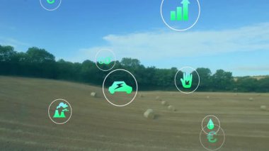 Kameralar saman balyasının üzerinde dönüyor. Sürdürülebilirlik simgeleri kayboluyor. Ölçümler yükseliyor. Yenilenebilir, çevre dostu, dijital, ekolojik, yenilikçi, kırsal, çevresel