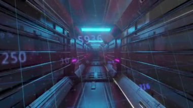 Izgara örtüsü, metalik koridorda süzülen kamerayı tetikliyor ve durum bilgisi veriliyor. Fütürist, teknoloji, dijital, bilim kurgu, iç mekan, yüksek teknoloji, veri görselleştirme