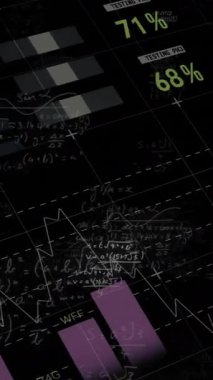 Siyah arkaplan üzerinde çok renkli bilgi arayüzü ve matematiksel denklemin animasyonu. Dijital olarak üretilmiş, hologram, illüstrasyon, rapor, iş dünyası, eğitim ve küresel kavram.