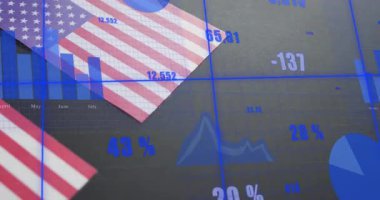 Çerçeveye giren iki bayrak desenli panel, şebeke kaplama, ölçü güncelleme çubuğu ve pasta grafikleri. Analizler, veri görselleştirme, gösterge paneli, finans, teknoloji, dijital, bilgi