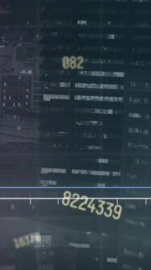 Animation of multiple graphs and changing numbers over illuminated buildings in background. Digital composite, multiple exposure, report, business, architecture and technology concept.