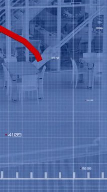 Boş ofis üzerinden finansal veri işleme animasyonu. Küresel finans, iş, bağlantılar, hesaplama ve veri işleme kavramı dijital olarak oluşturulmuş video.