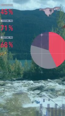 Veri işleme animasyonu, dünya haritası ve manzara üzerindeki diyagramlar. Küresel iş, doğa ve dijital arayüz kavramı, dijital olarak oluşturulmuş video.