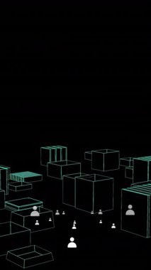 3D şehir modeli üzerinde birden fazla insan simgesinin canlandırılması. küresel ağ teknolojisi dijital arayüz bağlantı konsepti dijital olarak oluşturulmuş görüntü.