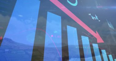 Dijital çubuk çizelgesi açılıyor. düşen ok etiketleri güncelleniyor ve düşüş gösteriliyor. Veri görselleştirme, bilgi grafikleri, analitik, kullanıcı arayüzü, teknolojik, açık hava ayarı, geleceksel