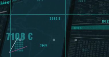 Düşen para birimi değerleri, yükselen bar çizelgesi ve şifrelenmiş pazar güncellemelerini gösteren çizgiler üzerine. Veri görselleştirme, finansal analiz, dijital arayüz, teknoloji, analitik, finans, fütürist