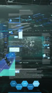 Siyah arkaplanda veri işleme ile ekranların üzerinde istatistiksel veri işleme animasyonu. Küresel ağ ve iş teknolojisi kavramı