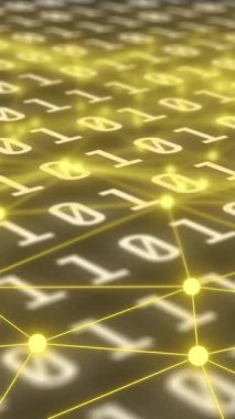 Sarı parlayan düğümler üzerinde ikili kod ve ağ bağlantıları animasyonu. Teknoloji, dijital, kodlama, veri, fütüristik, soyut