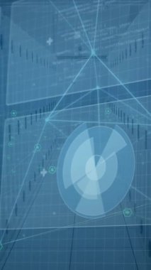 Yuvarlak tarayıcının animasyonu, bağlantı ağı ve sunucu odasına karşı veri işleme. Bilgisayar arayüzü ve iş veri depolama teknolojisi kavramı