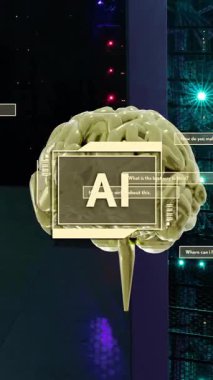 Bilgisayar sunucularında ai metin, beyin ve veri işleme animasyonları. Dijital olarak oluşturulmuş küresel yapay zeka, bağlantılar, hesaplama ve veri işleme kavramı.