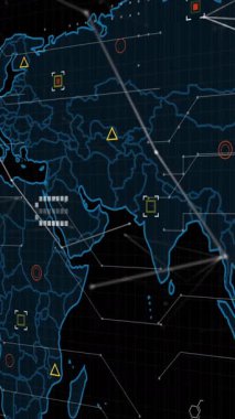 Animation of data processing over world map against black background. Global networking and business technology concept