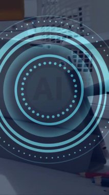 Afrika kökenli Amerikalı bir kadının bilgisayarda yazı yazması üzerine ai veri işleme animasyonu. Dijital olarak oluşturulmuş küresel yapay zeka, veri işleme, bilgisayar ve dijital arayüz kavramı.