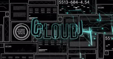 Grid popülasyon göstergesi, CLOUD üzerinde tablolar parlayan cyan, bulut ana hatları ve güncelleme kodları. Teknoloji, veri görselleştirme, holografik, fütüristik, dijital arayüz, analitik, yenilik