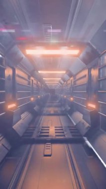 Metalik duvarların ve ışıkların üzerinde parlayan dairesel animasyonlarla dolu fütürist bir koridor. teknoloji, bilim kurgu, tasarım, neon, boşluk, siber punk