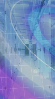 Bilgisayar sunucuları ve arka plandaki şebeke üzerinden tarama ve veri işleme alanlarının animasyonu. Dijital arayüz küresel bağlantı ve dijital olarak oluşturulan iletişim konsepti.