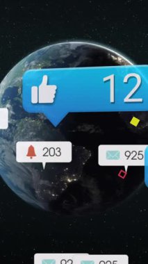 Animation of social media icons and numbers over globe. Global social media, connections, computing, digital interface and data processing concept digitally generated video.
