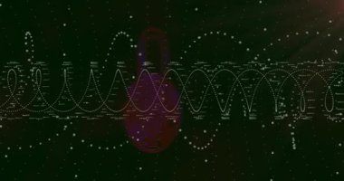 Kırmızı şekil noktalı dalga formunun arkasında beliriyor ve güvenli veri akışını temsil etmek için asma kilit darbesi oluşturuyor. Siber güvenlik, veri koruması, dijital güvenlik, şifreleme, teknoloji, görselleştirme, güvenli ağ