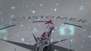 Sanal simgeler, saat yönünde dönen 3 boyutlu pusula iğnesi destek etiketi olarak ağda kayboluyor. Teknoloji, dijital, fütüristik, yenilik, bağlantı, navigasyon, soyut