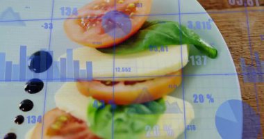 Başlangıç veri tablolarında bozulma salata yığınının üzerinde canlandırma, canlı analizi görselleştirme. Minimalist, modern, teknoloji, analitik, veri görselleştirme, sağlık, tazelik