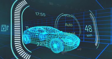 Başlangıçta holografik kablo değiştirme modları ve performansı görselleştirmek için hızları değiştirmek. Gelecekçi, yenilikçi, teknoloji, dijital, otomotiv, sanal, dinamik