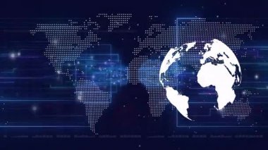 Mavi arkaplan açılıyor, beyaz küre aktif hale getiriliyor, neon devreler ile dönüyor, küresel veri yayılıyor. Gelecek, teknoloji, yenilik, dijital, arayüz, bağlantı, siber