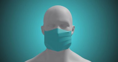 Mavi arka planda yüz maskesi takan insan kafası modeli