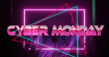 Çerçeve, üçgen ışıklar ve palmiye yapraklarıyla dijital sahnede parlayan Retro neon neon 'CYBER Monday' tabelası. Neon, dijital, fütürist, enerjik, geometrik, reklamcılık, teknoloji