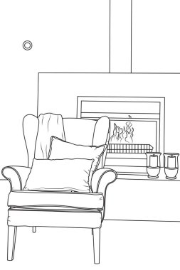 Oturma odasında sandalye ve şömine resmi.