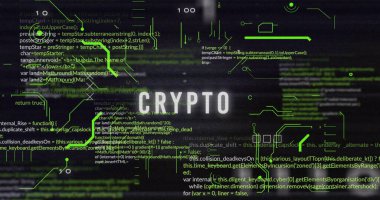 Parlak beyaz CRYPTO etiketi, neon devre bağlantıları ve kod parçalarıyla arayüzün üzerinde geziniyor. Futuristik, teknoloji, engelleme zinciri, ağ, dijital, siber, yenilik
