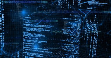 Parlayan 3 boyutlu ızgaralarda fonksiyon ve veri türlerini gösteren yüzen kod panelleri ve akış düğümleri. Gelecekçi, siber uzay, teknoloji, veri görselleştirme, dijital, ağ, yenilik