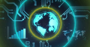 Sanal arayüzde, halkalar, şebeke ve çubuk grafikleriyle neon-mavi dünya küresi gösteriliyor. Fütürist, teknoloji, dijital, veri görselleştirme, yüksek teknoloji, arayüz, siber güvenlik