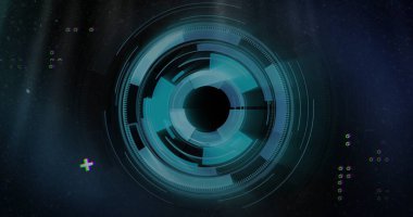 Kontrol panelinde radyal halkalar ve arıza efektleri gösteren konsantre HUD arayüzü gösteriliyor. Fütürist, dijital, soyut, teknoloji, sibernetik, yüksek teknoloji, bilim