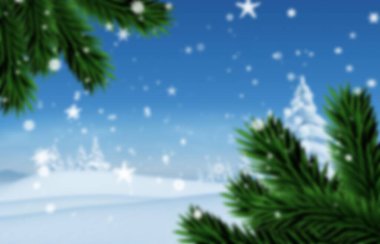 Düz dizayn kış manzarası kar tepelerini düşen kar taneleriyle çevreleyen yeşil çam dallarını gösteriyor. Doğa, manzara, sükunet, şenlik, mevsimlik, açık hava, huzur