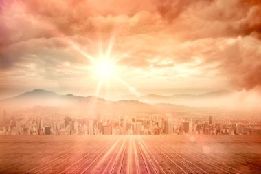 Şehir silüeti ve gündoğumu, bulutlara ve dağlara bakan düz dizayn ahşap güverteyi aydınlatıyor. Şehir, manzara, minimalist, manzara, gün doğumu, ufuk, mimari