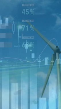 Rüzgar türbininin üzerindeki grafiklerin ve finansal verilerin animasyonu. finans, ekonomi, yenilenebilir kaynaklar ve dijital olarak üretilen enerji konsepti.