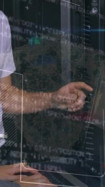 Animation of financial data processing over caucasian server room workers. global business, finance and connections concept digitally generated video.