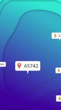 Konum ve bildirim simgeleri gradyan mavi ve yeşil arkaplan üzerinde animasyon. Teknoloji, arayüz, dijital, iletişim, GPS, uygulama