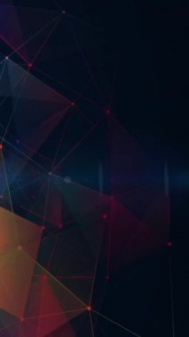 Çok renkli Plexus ağlarının dijital animasyonu mavi ışık noktası ve ışık parlamasının üzerinde siyah arkaplana doğru hareket ediyor. Küresel ağ ve bağlantı kavramı