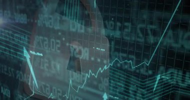 Asma kilit çizelgesinin arkasında kayan şebeke hatları ve güvenli veri dalgalanması için yükselen oklar. Güvenlik, finans, veri, koruma, teknoloji, gösterge paneli, analitik