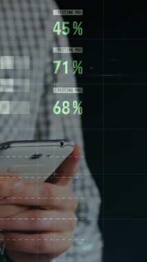 Animation of financial data and graphs over hands of caucasian man using smartphone. Finance, economy, communication and technology concept digitally generated video.