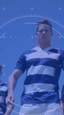 Ragbi takımı üzerinde dijital arayüz animasyonu. Küresel spor, dijital arayüz ve veri işleme kavramı dijital olarak oluşturulmuş video.