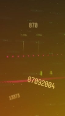 Değişen sayıların animasyonu ve turuncu gradyan üzerinde finansal veri işleme. Küresel finans ve iş veri teknolojisi kavramı