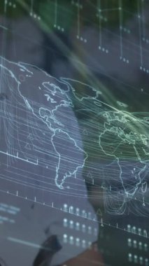 Animation of data processing over man using smartphone. Global business, finances, computing and data processing concept digitally generated video.